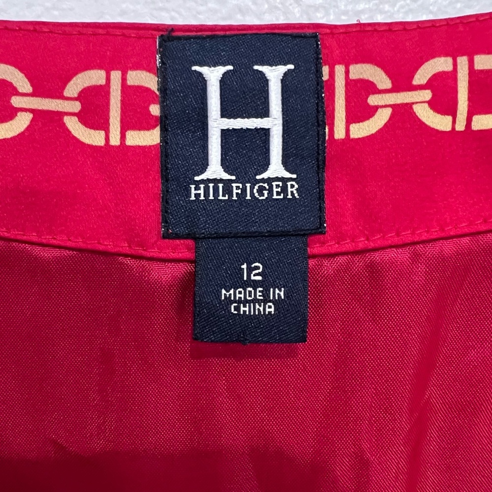 Tommy Hilfiger Vintage Y2K Skirt Silk Chain Print Red/Gold H Logo, Pleats, 12 - Picture 7 of 10